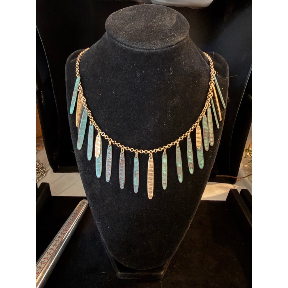 Boho Gold Tone Verdigris Patina Fringe Statement Necklace Adjustable Chain